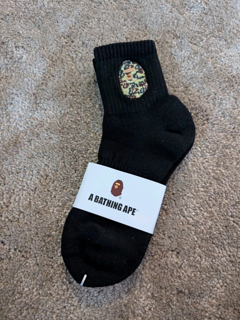 BAPE A Bathing Ape Black Crew Socks Pink Camo Ape Head Appliqué Ribbed Knit New